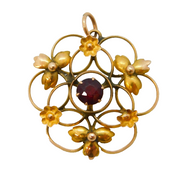 Edwardian 9ct Gold & Garnet Set Floral Lavalier Pendant Antique c1910