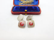 Sterling Silver Red Enamel H Initial Gents Engine Turned Cufflinks 1958