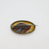 Sterling Silver Brown Banded Agate Oval Form Brooch Pin Antique c1930