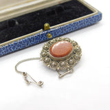 Sterling Silver & Goldstone Set Button Brooch Antique c1920 Art Deco