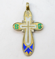 Russian Sterling Silver Gilt & Enamel Orthodox Cross Pendant Antique c1920