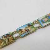 Egyptian Revival Silver Plated Enamel Ancient Vista Panel Bracelet Antique c1940