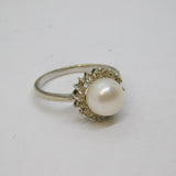 Sterling Silver Pearl & CZ Cluster Style Dress Ring Vintage c1990 Size J