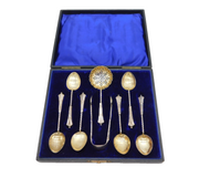 Edwardian Boxed Sterling Silver Teaspoon, Caster & Tongs Set Antique 1902