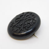 Victorian Carved Whitby Jet Monogram Sweetheart Brooch Antique c1860s