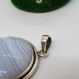 Sterling Silver & Blue Lace Agate Drop Pendant Vintage c1960