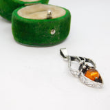 Sterling Silver Baltic Amber Set Leaf Design Charm Pendant Vintage c1970