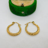 9ct Yellow Gold Rope Twist Hoop Hook Earrings Vintage 1970
