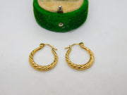 9ct Yellow Gold Rope Twist Hoop Hook Earrings Vintage 1970