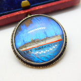 WWII Sterling Silver & Morpho Butterfly Wing 'HMS Somersetshire' Brooch Antique