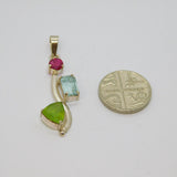 Sterling Silver Ruby, Blue Topaz & Peridot Studio Drop Pendant Modern c2000s