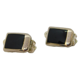Pair of Sterling Silver Stud Black Onyx Inlay Clip-On Earrings Vintage c1970