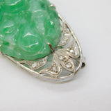 20th Century 9ct White Gold, Diamond & Carved Jade Floral Brooch Antique