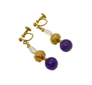 Rolled Gold Victorian Style Amethyst & Pearl Screw-Back Earrings Vintage