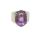 Sterling Silver Modernist Large Faceted Amethyst Dress Ring Vintage c1970 Size N