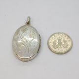 Sterling Silver Floral Design Oval Locket Charm Pendant Vintage c1970