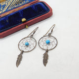 Pair Of Sterling Silver & Turquoise Dreamcatcher Earrings Vintage c1970