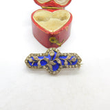 Victorian Sterling Silver, Diamond Paste & Blue Enamel Floral Brooch c1860
