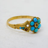 Victorian 15ct Yellow Gold, Turquoise & Diamond Floral Cluster Ring Antique