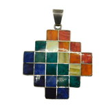 Taxco Mexican Sterling Silver Colourful Hardstone Set Drop Pendant Vintage