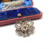 Sterling Silver Filigree Button Form Floral Brooch Antique c1940 Art Deco