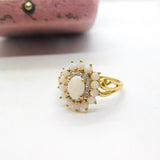 9ct Yellow Gold, Cabochon Opal & Spinel Floral Cluster Ring 2001 Birmingham