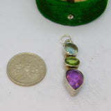 Sterling Silver Triple Gem Set Charm Pendant Vintage c1970