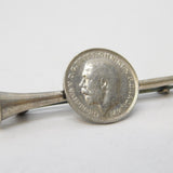 Sterling Silver Hunting Horn & Lucky Threepence Stock Pin Brooch Antique 1913