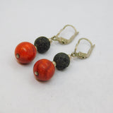 Pair of Sterling Silver Red Jasper & Lava Beads Leverback Earrings Vintage c1970