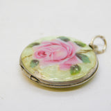 Art Deco Sterling Silver & Rose Flower Guilloche Enamel Pendant Antique
