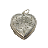 Sterling Silver Engraved Flower Heart Locket Charm Pendant Vintage c1970