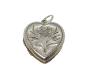 Sterling Silver Engraved Flower Heart Locket Charm Pendant Vintage c1970