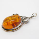 Sterling Silver Large Leaf Pattern Baltic Amber Drop Pendant Vintage c1970