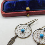 Pair Of Sterling Silver & Turquoise Dreamcatcher Earrings Vintage c1970