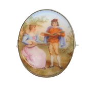 19th Century Sterling Silver Painted Porcelain Romance Scene Brooch Antique