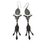 Sterling Silver Large Turquoise Set Filigree Hook Drop Earrings Vintage c1990