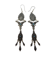Sterling Silver Large Turquoise Set Filigree Hook Drop Earrings Vintage c1990