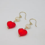 Pair of Sterling Silver Pearl & Red Crystal Heart Earrings Contemporary c2015