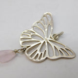 Sterling Silver Butterfly Rose Quartz Drop Pendant Vintage c1970