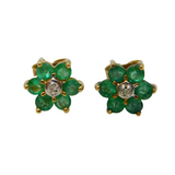 9ct Yellow Gold, Emerald & Diamond Set Floral Cluster Stud Earrings Vintage