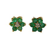 9ct Yellow Gold, Emerald & Diamond Set Floral Cluster Stud Earrings Vintage