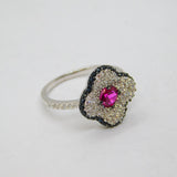 Sterling Silver Synthetic Ruby & Spinel Flower Ring Modern c1990 Size L 1/2