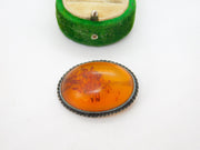 Sterling Silver Cabochon Cut Baltic Amber Brooch Pin Antique c1920 Art Deco
