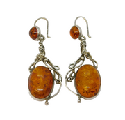 Pair of Large Sterling Silver Baltic Amber Set Hook Earrings Vintage c1970