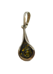 Sterling Silver Green Baltic Amber Lily Form Drop Pendant Vintage c1970s