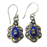 Georgian Sterling Silver, Marcasite, Enamel & Gold Floral Drop Earrings Antique