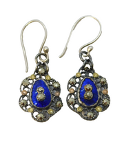 Georgian Sterling Silver, Marcasite, Enamel & Gold Floral Drop Earrings Antique