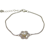 Sterling Silver Pearl & CZ Flower With Delicate Chain Bracelet Vintage c1990