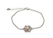 Sterling Silver Pearl & CZ Flower With Delicate Chain Bracelet Vintage c1990