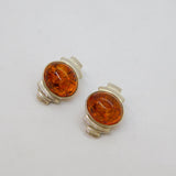 Pair of Sterling Silver Deco Style Baltic Amber Clip-On Earrings Vintage c1970